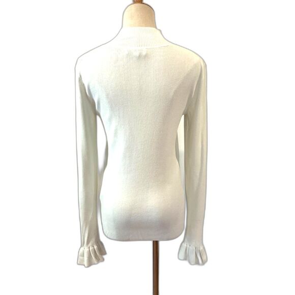 COS Beige Ivory Knit Mock Neck Sweater Ruffle Sleeves Ribbed Small - Picture 2 of 7